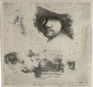 Sheet Of Studies: Head Of The 
Artist, A Beggar Couple, Heads Of An Old Man And An Old Woman, Etc. (b.,
 Holl. 363; H. 90) by Harmenszoon van Rijn Rembrandt