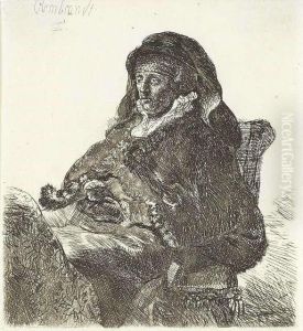 Rembrandt's Mother In Widow's Dress, Black Gloves. Etching by Harmenszoon van Rijn Rembrandt