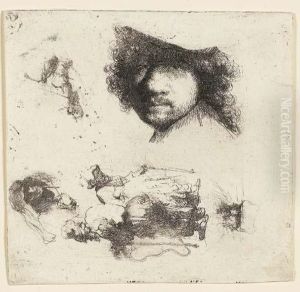 Sheet Of Studies: Head Of The 
Artist, A Beggar Couple, Heads Of An Old Man And An Old Woman by Harmenszoon van Rijn Rembrandt