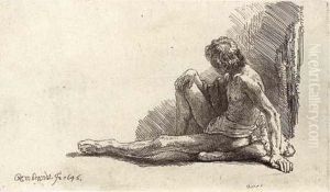 A Nude Man Seated On The Ground With One Leg Extended