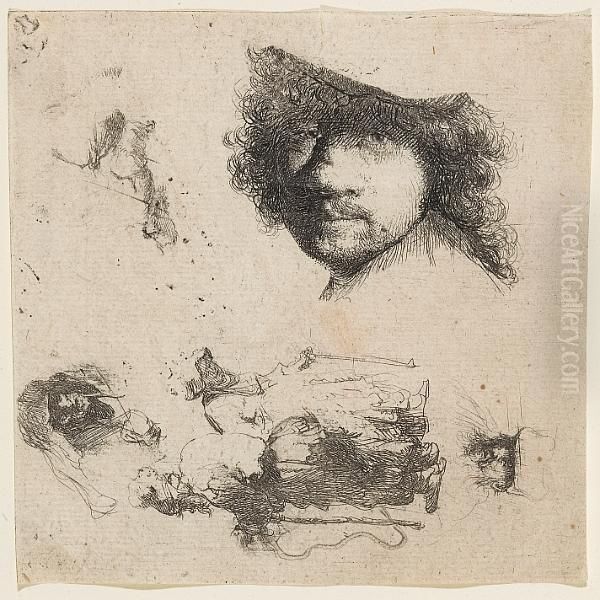 Sheet Of Studies, Head Of The 
Artist, A Beggar Couple, Heads Of An Old Man And An Old Woman (b., 
Holl. 363; H. 90), 1632 - view 1
