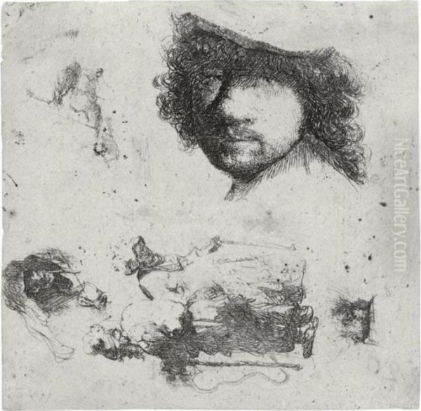 Sheet Of Studies: Head Of The
Artist, A Beggar Couple, Heads Of An Old Man And Old Woman (b., Holl.
363; H. 90; Bb. 32-1) - view 1