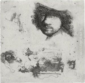 Sheet Of Studies: Head Of The 
Artist, A Beggar Couple, Heads Of An Old Man And Old Woman (b., Holl. 
363; H. 90; Bb. 32-1) by Harmenszoon van Rijn Rembrandt