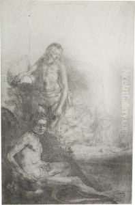 Nude Man Seated And Another Standing With A Woman And Ababy