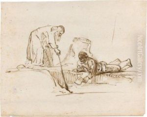 Two Men Searching In A Pond by Harmenszoon van Rijn Rembrandt