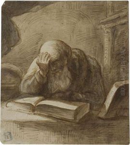 An Old Scholar Seated At A Desk Reading by Harmenszoon van Rijn Rembrandt