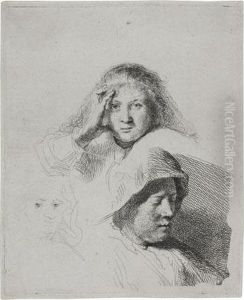 Three Heads Of Women, One Lightly Etched by Harmenszoon van Rijn Rembrandt