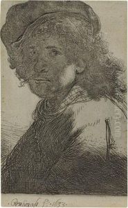 Self Portrait In A Cap And Scarf With The Face Dark:bust by Harmenszoon van Rijn Rembrandt