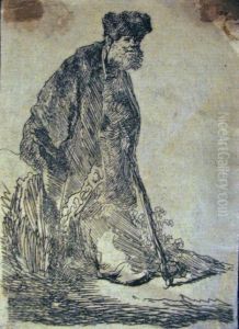 Man In A Coat And Fur Cap Leaning Against A Bank by Harmenszoon van Rijn Rembrandt