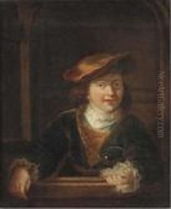 A Boy In A Cap Wearing A Gold Chain Holding A Bubble, At Acasement by Harmenszoon van Rijn Rembrandt