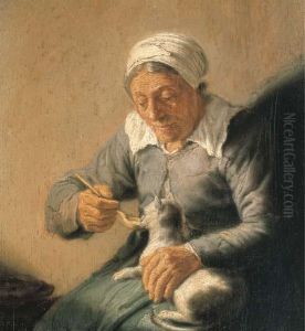 An Old Peasant Woman Feeding A Cat Milk by Harmenszoon van Rijn Rembrandt