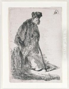 Man In A Coat And Fur Cap Leaning Against A Bank (b., Holl.151; H.14; Bb.30-6) by Harmenszoon van Rijn Rembrandt