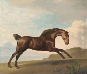 A bay hunter galloping in a mountainous landscape by George Stubbs