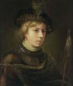 A Portrait Of A Young Man, Bust 
Length, Wearing A Fantasy Costume And A Beret With A Feather, Holding A 
Feather In His Left Hand