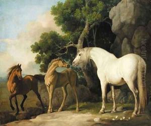 A mare and foal with a bay horse by George Stubbs
