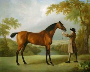 Tristram Shandy, a bay racehorse held by a groom, in an extensive landscape