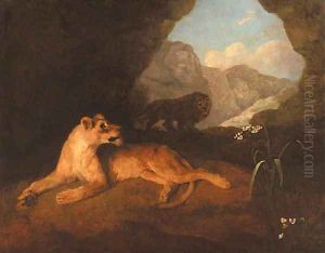 A lion and lioness in a cave by George Stubbs