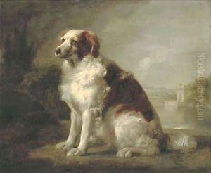 A red and white dog, in a landscape, a fortified tower and an estuary beyond