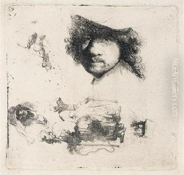Sheet Of Studies: Head Of The 
Artist, A Beggar Couple, Heads Of An Old Man And Old Woman (b., 
Holl.363; H.90; Bb.32-1) - view 1