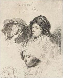 Three Heads Of Women: One Asleep (b., Holl.368; H.152; Bb.37-d) by Harmenszoon van Rijn Rembrandt