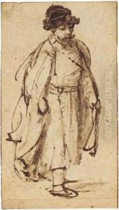 A Man In Fur Hat, Walking To The Right by Harmenszoon van Rijn Rembrandt