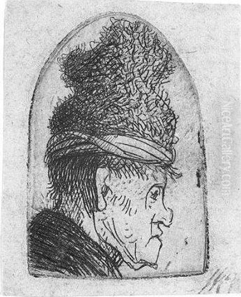 Grotesque Profile: Man In A High Cap (b., Holl.236; H.68; Bb.31-14) - view 1
