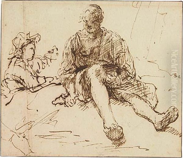 A Young Woman In Nightclothes
Seated On A Bed, With A Young Man Behind Her.<</b> - view 1