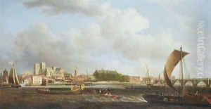 Westminster from Lambeth, with the ceremonial barge of the Ironmongers Company, c.1745