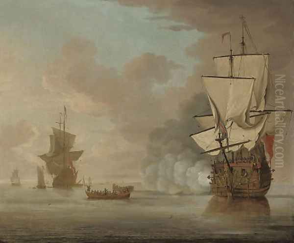 An English man-o'war saluting the flagship as she gets underway from her anchorage - view 1
