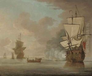 An English man-o'war saluting the flagship as she gets underway from her anchorage