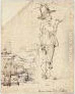 A Man Standing By A Table, Smoking A Pipe. by Harmenszoon van Rijn Rembrandt