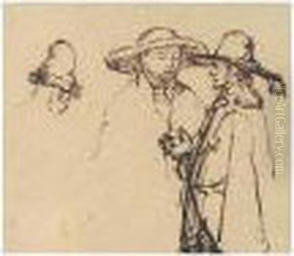 Two Men In Conversation, Wearing Large Hats, And A Study Of Another Man's Head. - view 1