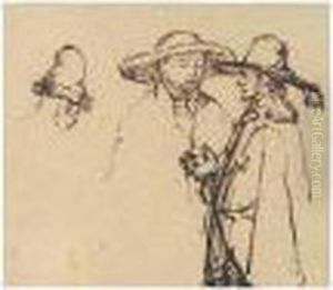 Two Men In Conversation, Wearing Large Hats, And A Study Of Another Man's Head. by Harmenszoon van Rijn Rembrandt