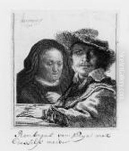 Self Portrait With The Artist's Mother With Her Hand On Her Chest:small Bust by Harmenszoon van Rijn Rembrandt