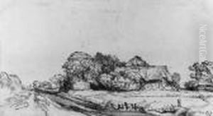 A Landscape With A Road Near A Farmhouse Among Trees by Harmenszoon van Rijn Rembrandt