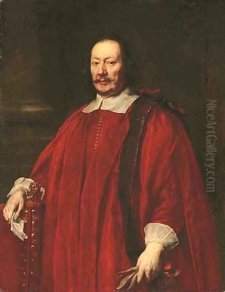Portrait of a gentlemen, three-quarter-length, in crimson robes of office, resting his right hand on a chair with a letter - view 1