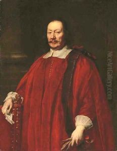 Portrait of a gentlemen, three-quarter-length, in crimson robes of office, resting his right hand on a chair with a letter