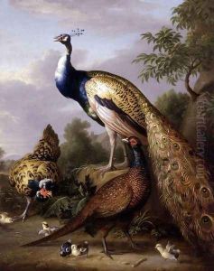 Peacock, Hen and Cock Pheasant in a Landscape by Tobias Stranover