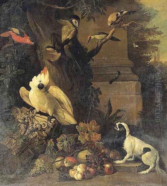 A Monkey, a Dog and Various Birds in a Landscape by Tobias Stranover
