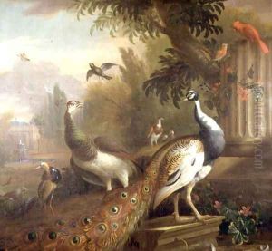Peacock and Peahen with a Red Cardinal in a Classical Landscape