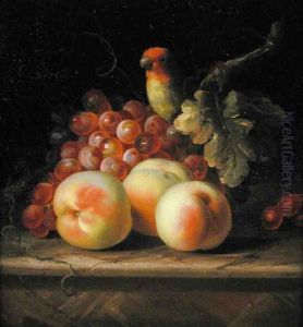 Still Life with Peaches and Grapes on a Ledge with a Parrot perched above by Tobias Stranover