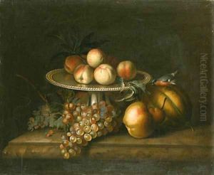 Peaches on a silver Tazza by Tobias Stranover