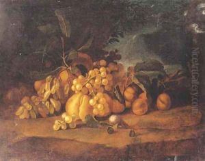 Grapes, peaches and plums on a forest floor by Tobias Stranover