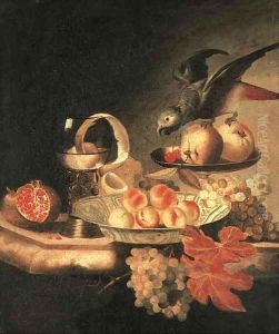 A wanli-kraak porselein bowl of peaches, a peeled lemon in a roemer by Tobias Stranover