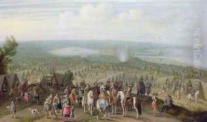 A Military Encampment with Militia on Horses, Troops and a Fortified Town