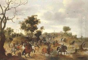 A landscape with a cavalry battle, gallows and a windmill beyond