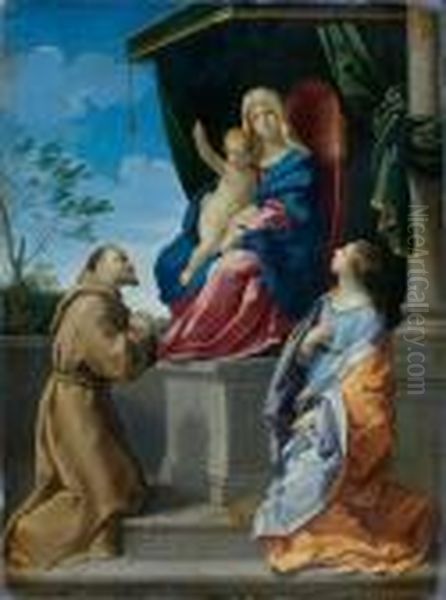 Vierge A L'enfant Sur Un Trone, A Leurs Pieds Sainte Catherine Et Saint Francois - view 1