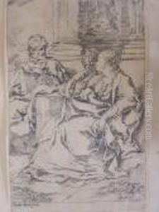 Seated Woman With Child And A Man Reading by Guido Reni