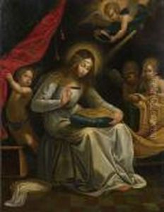The Virgin Sewing With Angels