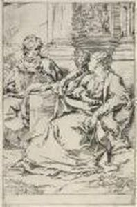 The Holy Family With Scriptural Scene In The Background by Guido Reni